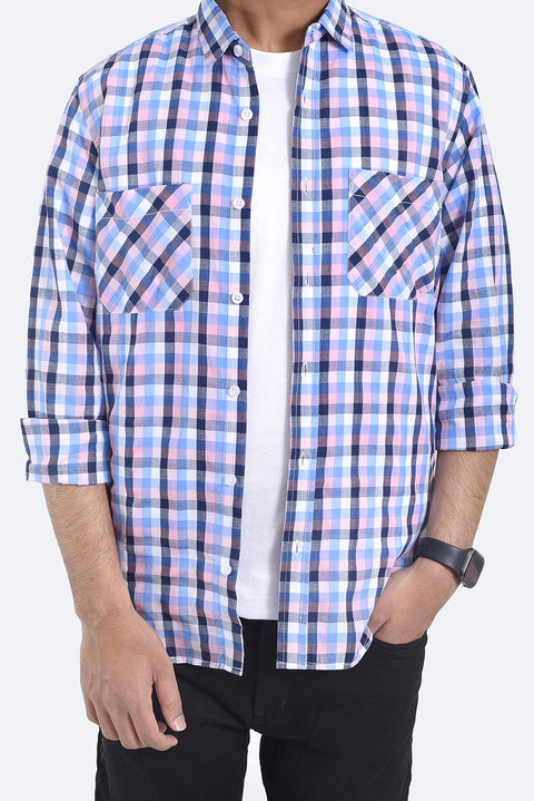Men Double Pocket Shirt MCS24-13 - Blue Check