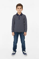 Boys Branded Stripes Polo F/S - Navy