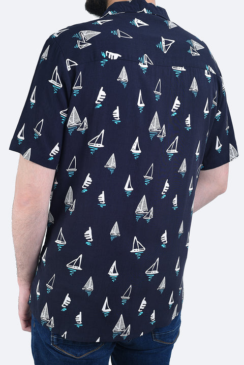 Men Casual Viscose Printed Hawaii Dyed Shirt - Navy