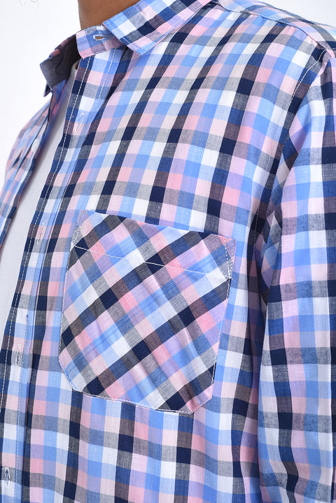 Men Double Pocket Shirt MCS24-13 - Blue Check