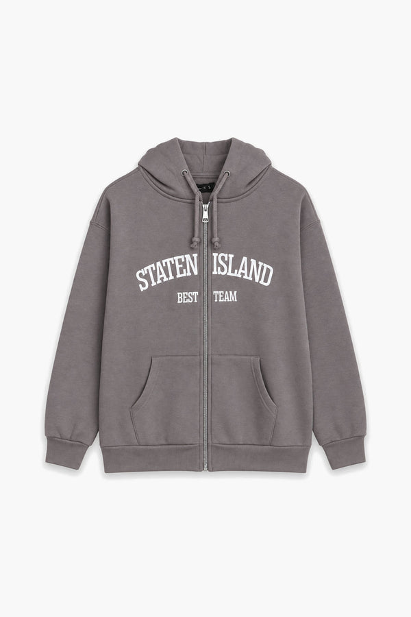Women Branded Graphic Fleece Zipper Hoodie - Grey