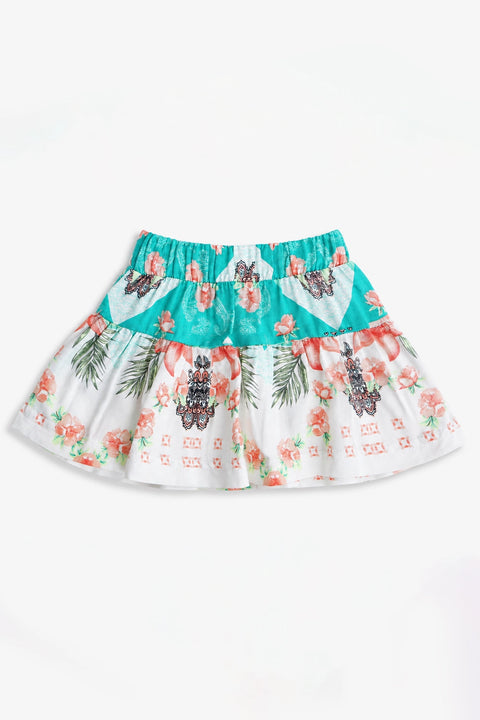 Girls Graphic Linen Mini Skirt - White and Green