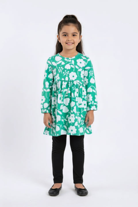 Girl Branded Graphic Frock - Green