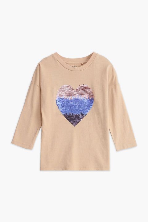 Girls Branded Sequins T-Shirt F/S - Beige