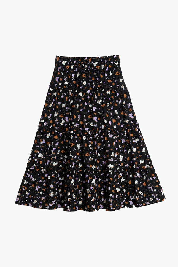 Girls Printed Long Skirt - Black Floral