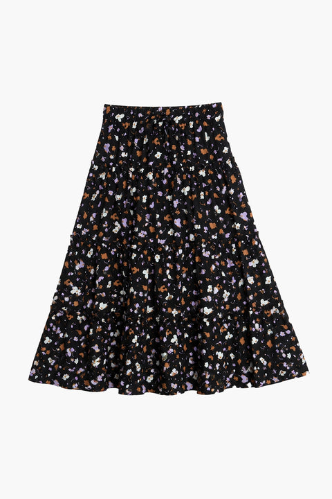 Girls Printed Long Skirt - Black Floral