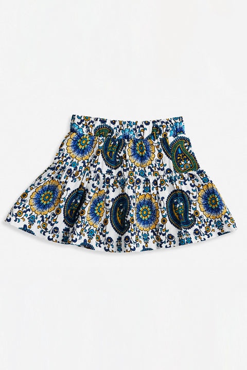 Girls Graphic Linen Mini Skirt - Blue and White