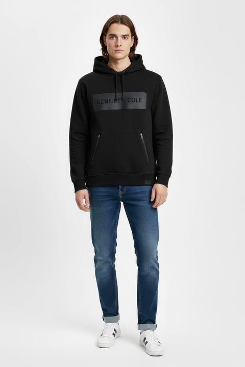 Men Branded Printed Fleece Hoodie - Black