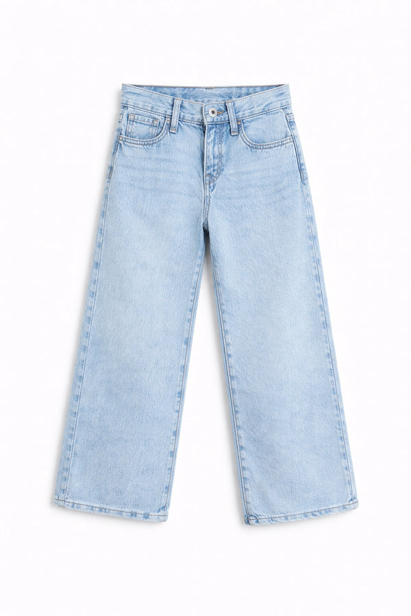 Girls Branded Wide Leg Denim pant - Ice Blue