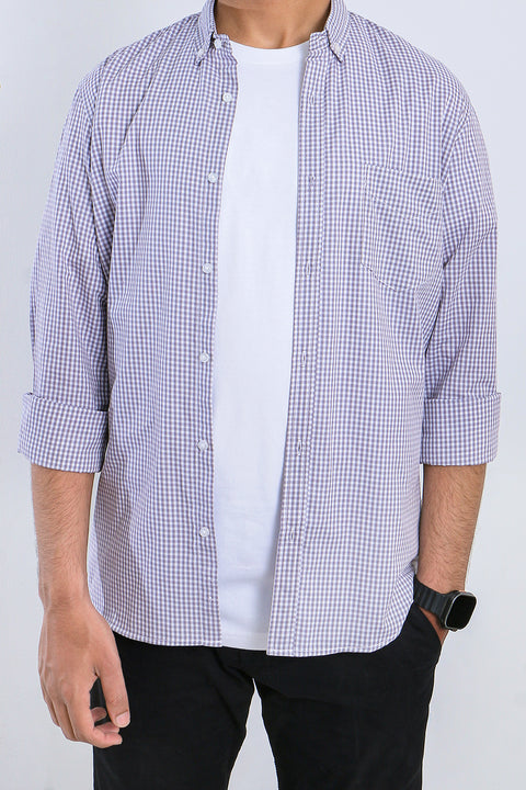 Men Band Collar Check Shirt MCS24-05 - L/GREY