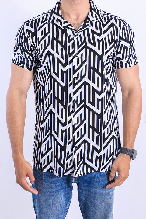 Men Casual Viscose printed Hawaii Dyed Shirt - Black & White