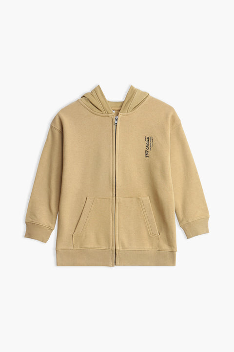 Boys Branded Zipper Hoodie - Khaki