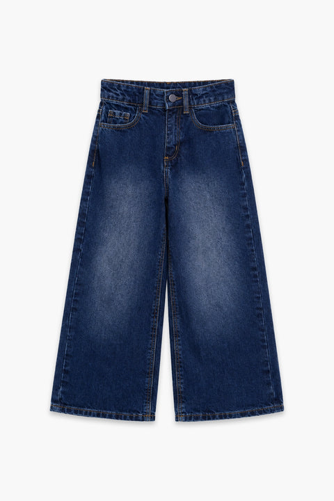 Girls Branded Wide Leg Denim pant - D/Blue