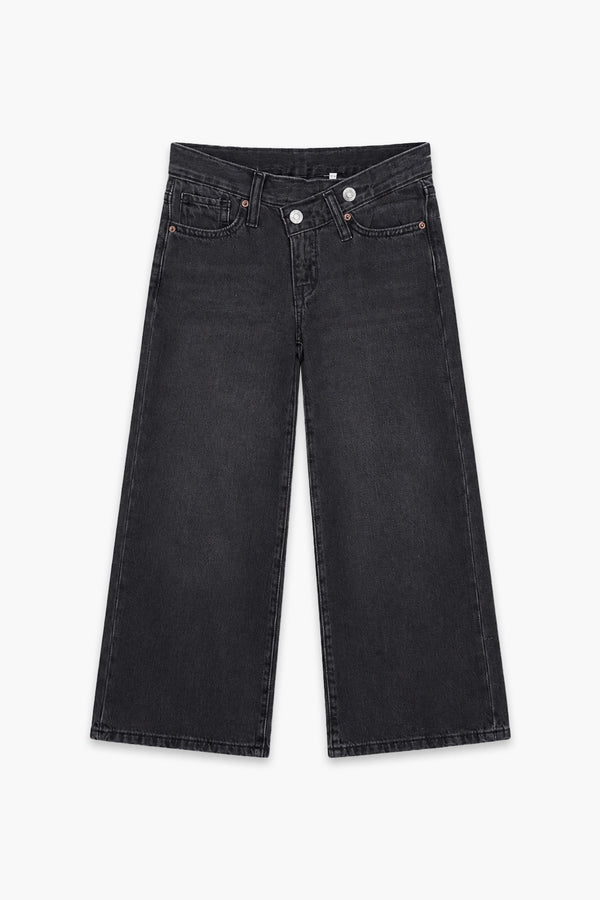 Girls Branded Wide Leg Denim pant - Charcoal
