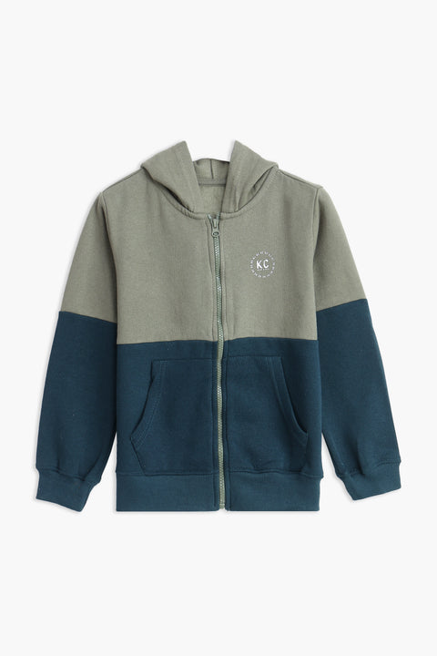 Boys Branded Zipper Hoodie - Olive