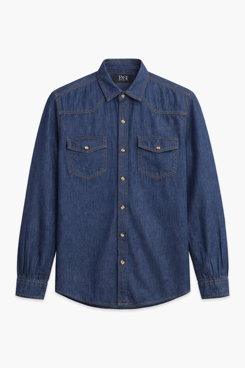 Men Denim Shirt Double Pocket MDS23-02 - M/Blue