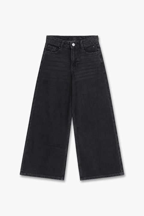 Girls Branded Wide Leg Denim pant - Charcoal
