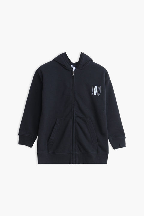 Boys Branded Zipper Hoodie - Black