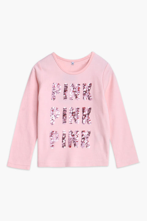Girls Branded Sequins T-Shirt F/S - Baby Pink