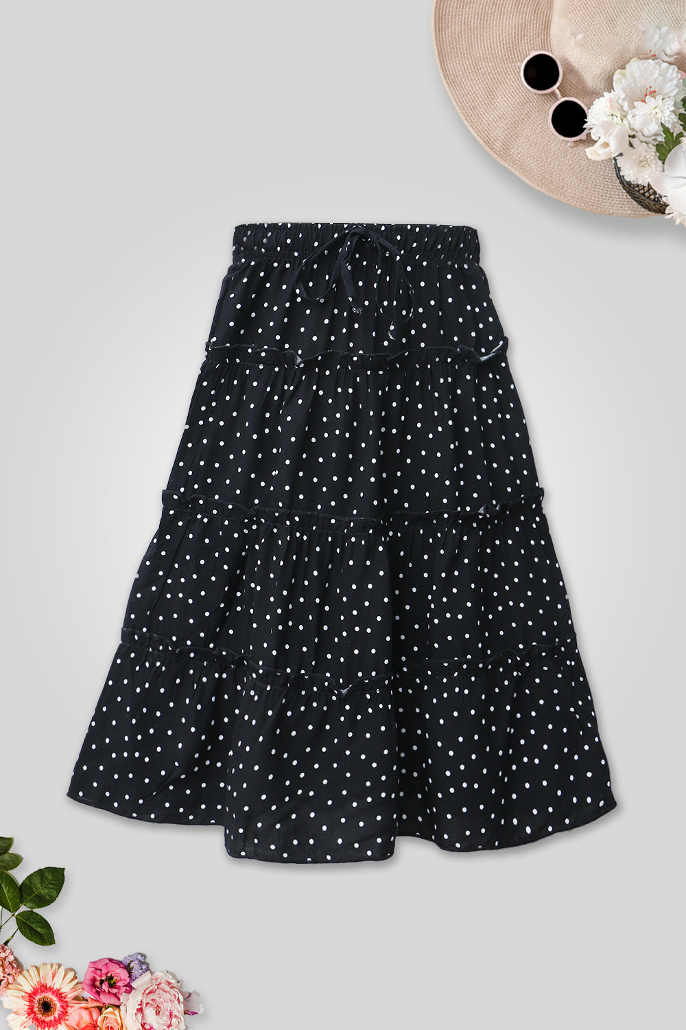 Girls Polka Dots Long Skirt - Black