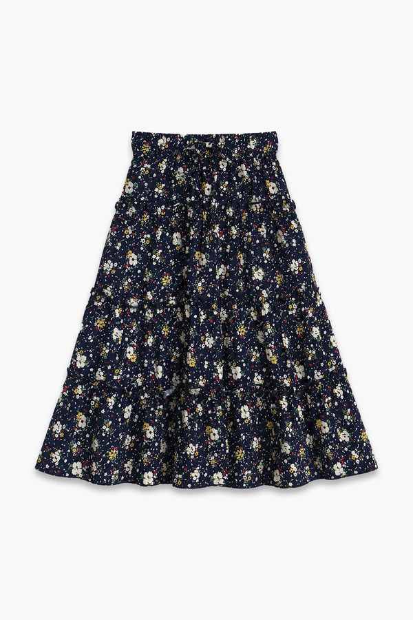 Girls Printed Long Skirt - Navy Blue
