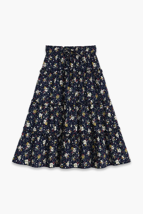 Girls Printed Long Skirt - Navy Blue