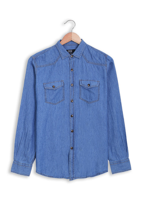 Men Denim Shirt Double Pocket MDS23-02 - L/Blue