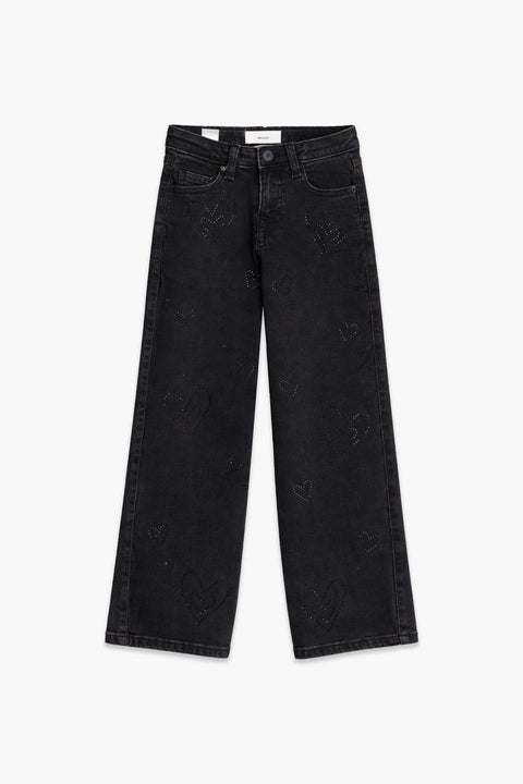 Girls Branded Denim Loose Fit Pant - Black
