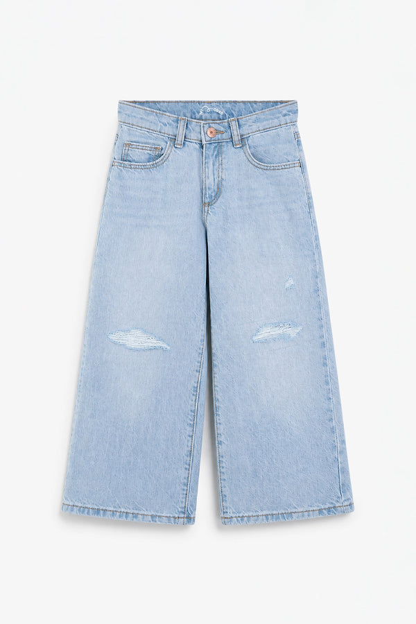 Girls Branded Wide Leg Denim pant - Sky Blue