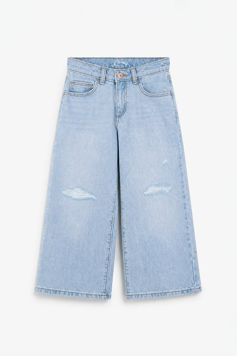 Girls Branded Wide Leg Denim pant - Sky Blue