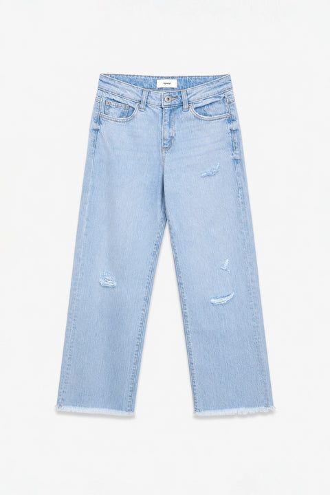 Girls Branded Wide Leg Denim pant - Ice Blue