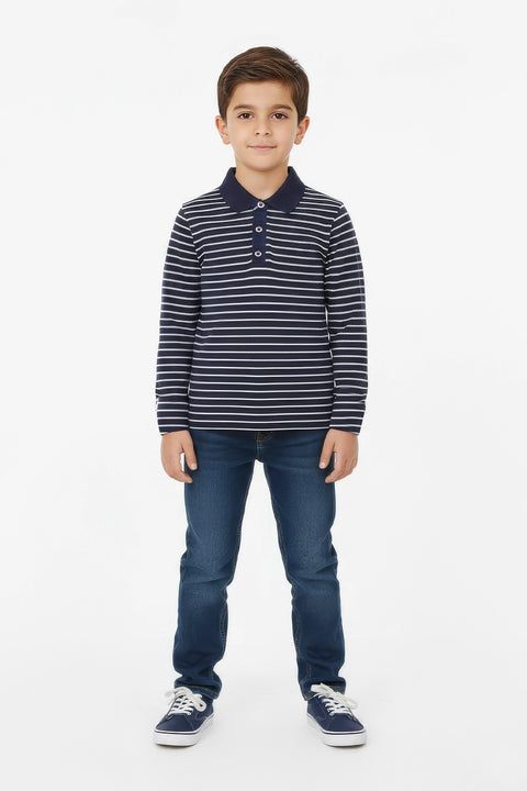 Boys Branded Stripes Polo F/S - Navy