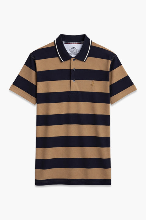 Men Pique Stripes Polo - Brown And Navy