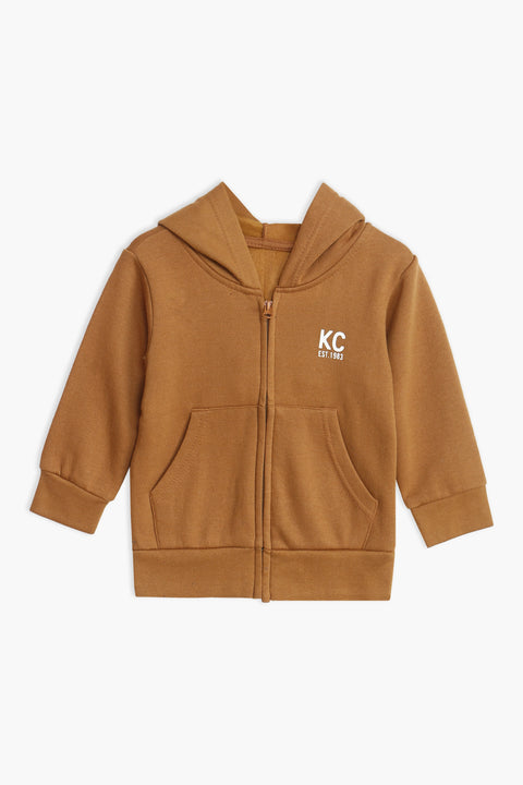 Boys Branded Zipper Hoodie - Caramel