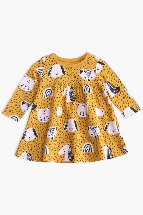 Girl Branded Graphic Frock - Mustard