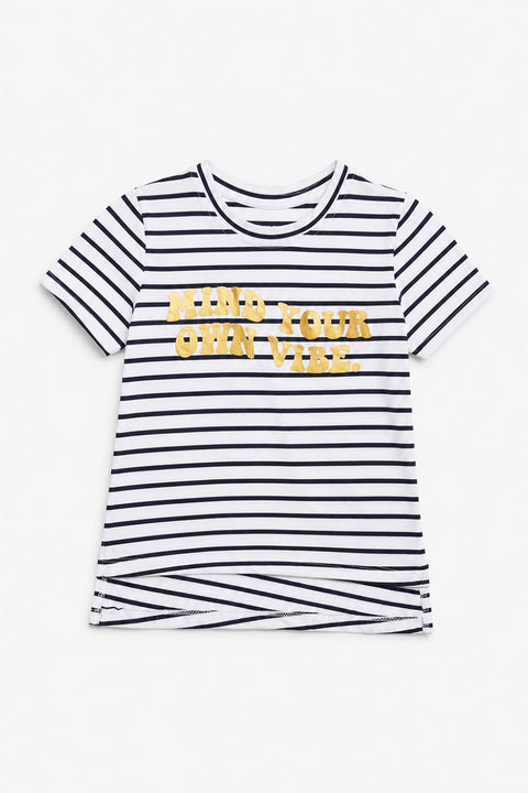 Girls Branded Stripes T-Shirt - Black and white