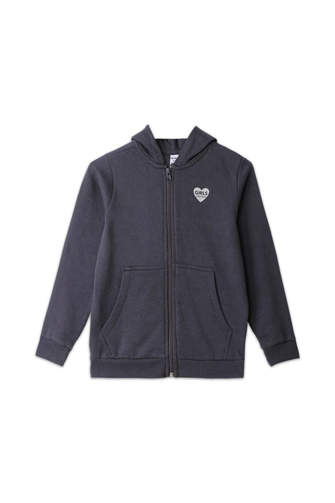 Girls Branded Fleece Hoodie Zipper - Charcoal