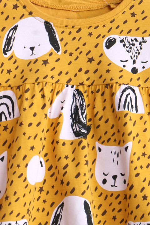Girl Branded Graphic Frock - Mustard