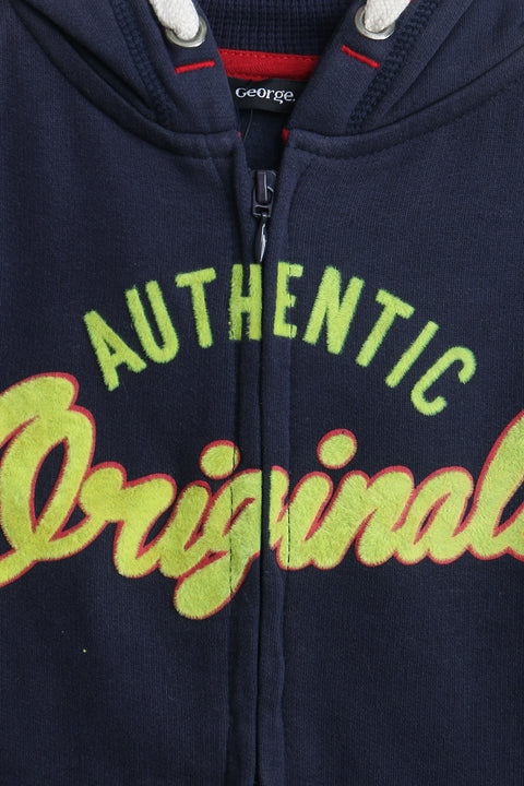 Boys Branded Zipper Hoodie - Navy