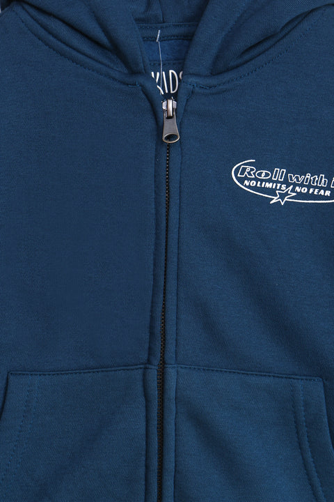 Boys Branded Zipper Hoodie - Jeans Blue