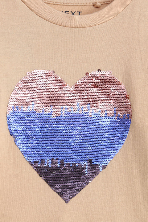 Girls Branded Sequins T-Shirt F/S - Beige