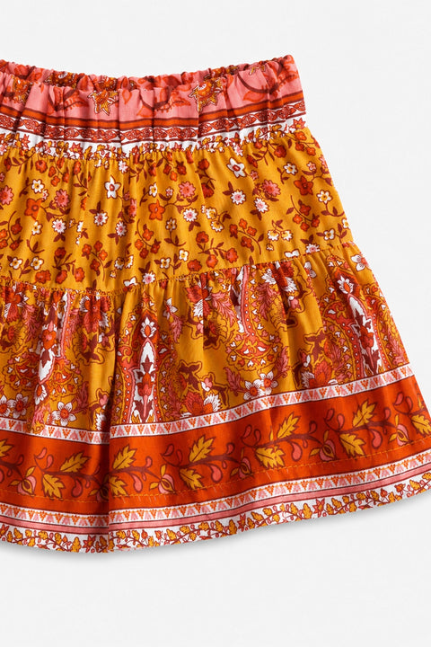 Girls Graphic Linen Mini Skirt - Orange