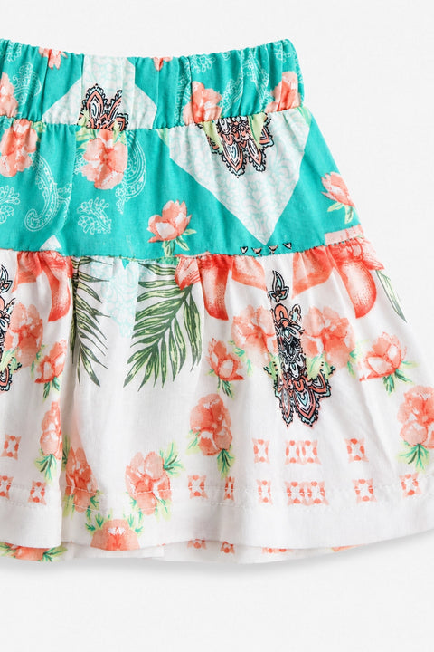 Girls Graphic Linen Mini Skirt - White and Green