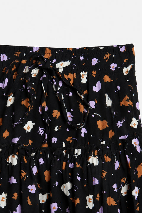 Girls Printed Long Skirt - Black Floral