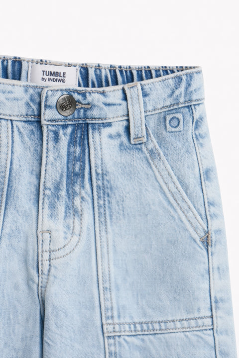 Girls Branded Denim Loose Fit Pant - Ice Blue