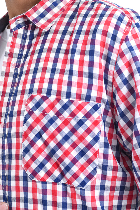 Men Double Pocket Shirt MCS24-13 - Red  And Navy Check