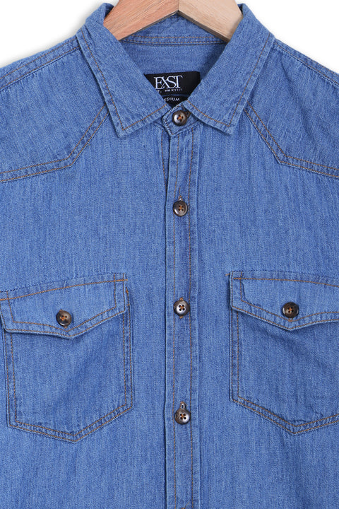 Men Denim Shirt Double Pocket MDS23-02 - L/Blue