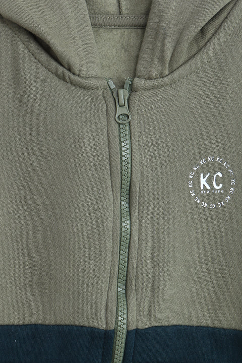 Boys Branded Zipper Hoodie - Olive