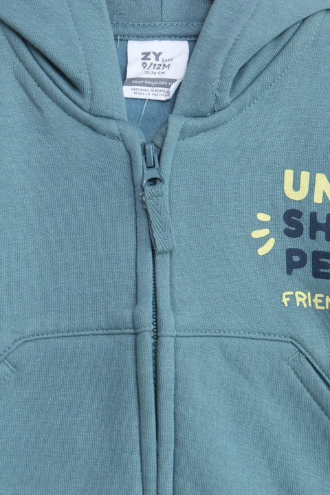 Boys Branded Zipper Hoodie - Sea Green