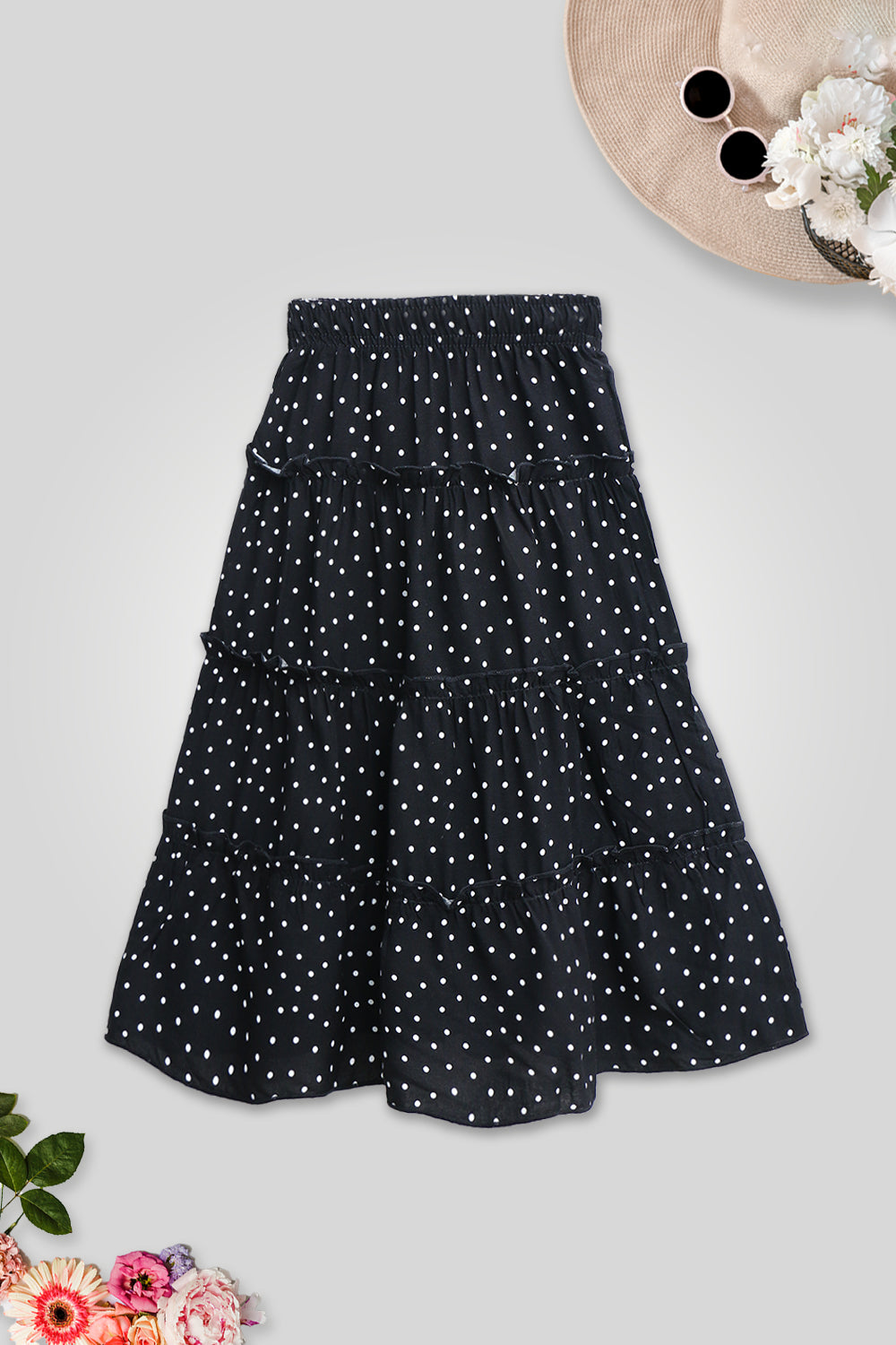 Girls Polka Dots Long Skirt - Black